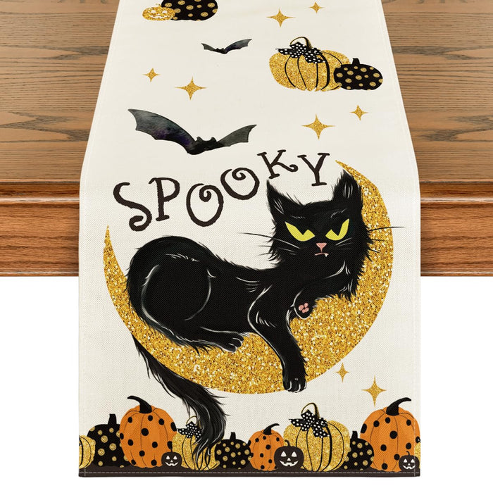 Artoid Mode Halloween Table Runner Black Cat Pumpkins Moon 13x72 Inch Beige by Deal US