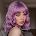 BATISI Lavender Pink Wavy Bob Synthetic Wig Short Shoulder Length Bangs by Deal US