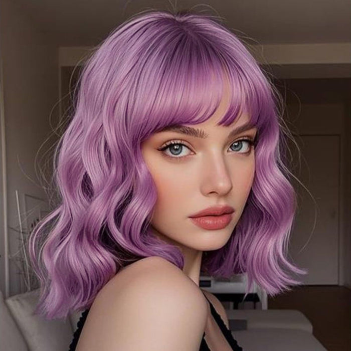 BATISI Lavender Pink Wavy Bob Synthetic Wig Short Shoulder Length Bangs by Deal US