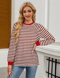 Misyula Style Plus Size Striped Crewneck Sweatshirt Red Brown Size XXL by Deal US