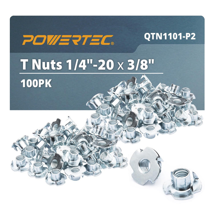 POWERTEC 1/4-20 4 Pronged T Nuts Threaded Inserts Woodworking 3/8" Length 100pcs by Deal US