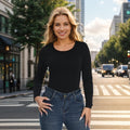 +MD Round Neck Long Sleeve Bodysuit Slim Waist Black Size M by Deal US