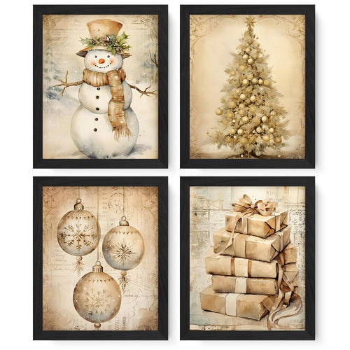 JXREQ Vintage Christmas Wall Art Prints 8x10 Snowman Tree Set of 4 Unframed by Deal US