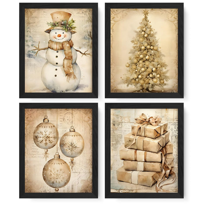 JXREQ Vintage Christmas Wall Art Prints 8x10 Snowman Tree Set of 4 Unframed by Deal US