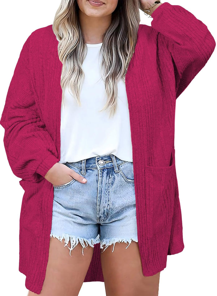 Eytino Womens Plus Size Casual Open Front Long Sleeve Red Dahlia Size 2XL by Deal US