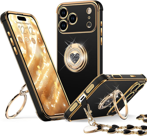 Heart Bling Luxury Case with Double Ring Kickstand for iPhone 17 Pro Black by Merch Section