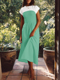 Wenrine Womens Casual Summer Midi Dress Smocked Cap Sleeve Green Size L by Deal US