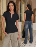 Prettywear Womens Summer Casual V Neck Button Up Top Black Size M by Deal US