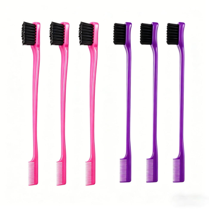WENDIOMA 6Pack Edge Control Brush For Black Women,Double Sided Hair Comb,Flyaways & Sleek Ponytail Styling,Hair Accessories For Girls (3 Pink +3 Purple)