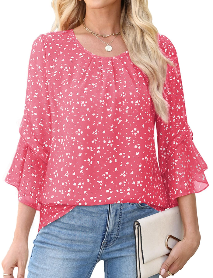 CiCiBird Women Chiffon Floral Blouse 3/4 Ruffle Sleeve Pink Size XXL by Deal US