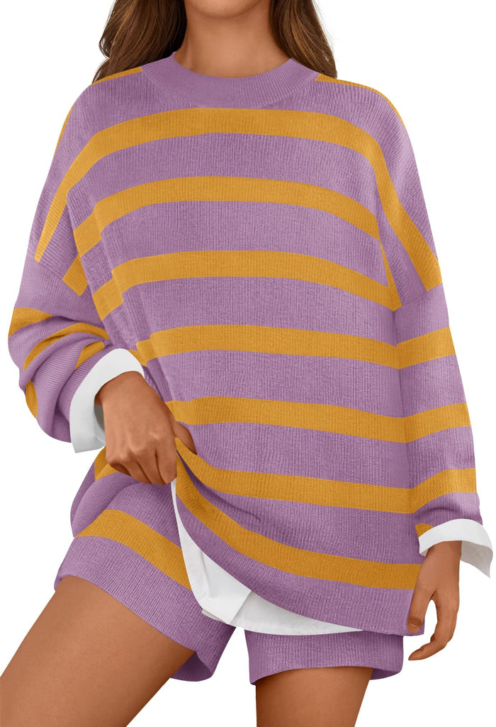 MEROKEETY Women's 2 Piece Sweater Set Striped Long Sleeve Shorts Purple Size S by Deal US