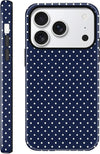 Navy Blue Polka Dot Case for iPhone 17 Pro Glossy Hybrid Hard Shell Scratch Resistant Cover