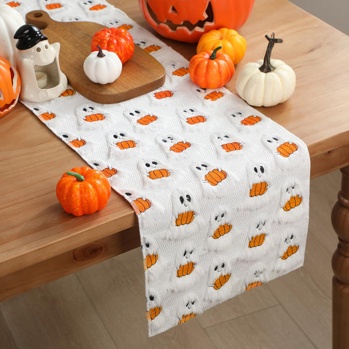 Frienda Fall Ghost Pumpkin Table Runner Ivory Plush 13x72 Inch by Deal US