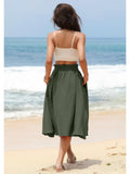 Poplab Women's Elastic High Waist Pleated A-Line Midi Skirt Army Green Size 2XL by Deal US