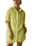 AIHUKOCY Women Hollow Out Button Down V Neck Long Sleeve Mini Dress Yellow M by Deal US
