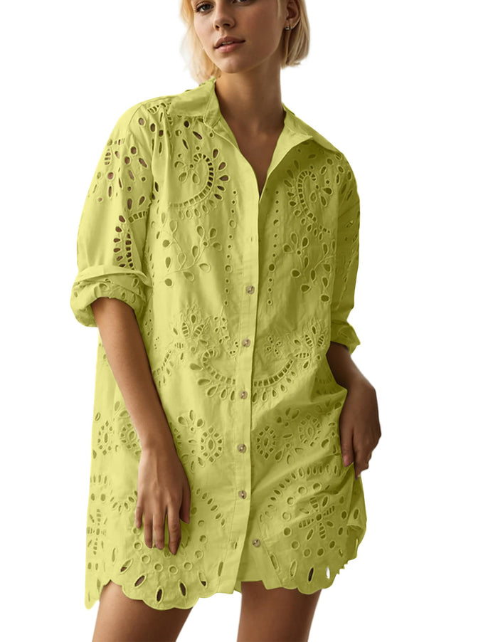 AIHUKOCY Women Hollow Out Button Down V Neck Long Sleeve Mini Dress Yellow M by Deal US