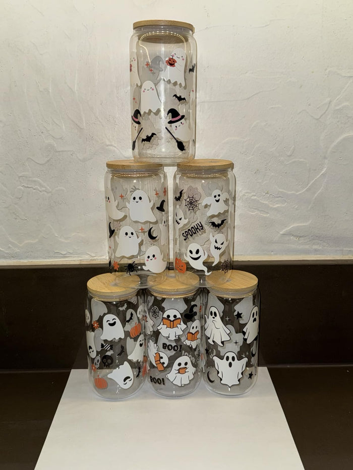 Acellegic Halloween Glass Cups 16oz Bamboo Lids Straws 12pcs White by Deal US