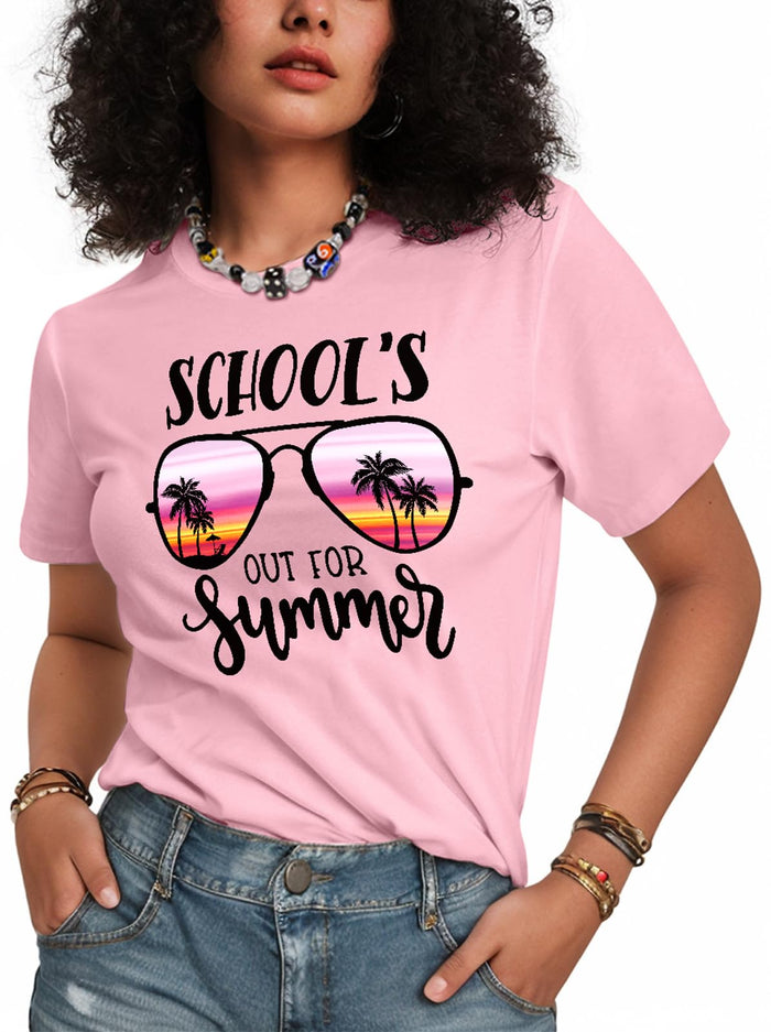 Flafens School's Out Summer Beach Graphic Teacher Shirt Cotton Short Sleeve L by Deal US