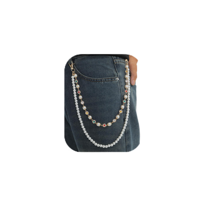Wallet Belt Pants Chains for Men Women Pearl Rhinestone Flower Punk Jeans Pocket Key Chain Accessories Fashion Jewelry Gift (Gold-1)