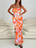 Oumrdeo Women's Strapless Floral Orange Maxi Dress Size L by Deal US