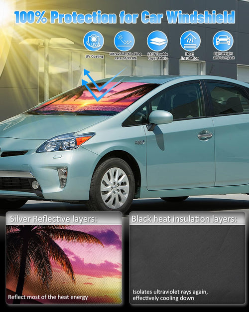 Sunset Beach Windshield Sun Shade for Toyota Prius Hatchback 2016-22 Foldable by Deal US