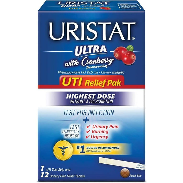 Uristat Ultra UTI Relief Pack – 12 Pain Relief Tablets + 1 Test Strip Kit by Pasteur Pharmacy