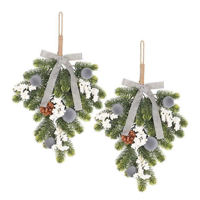 Super Holiday Christmas 2PCS Artificial Green Plant Wreaths Grey Velvet Bow by Deal US