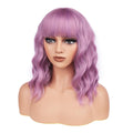 BATISI Lavender Pink Wavy Bob Synthetic Wig Short Shoulder Length Bangs by Deal US