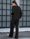 Amoretu Women's Lounge Set V Neck Top Wide Leg Drawstring Pants Black Size L by Deal US