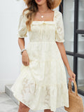 Gardenwed Womens Square Neck Midi Dress Smocked Bodice Puff Sleeves Beige Size M by Deal US