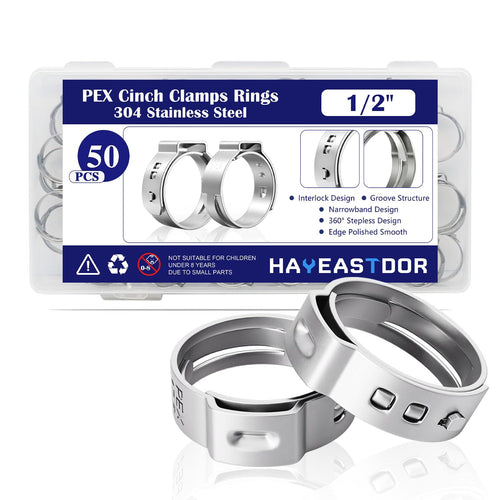HayEastdor 50PCS 1/2" PEX Cinch Crimp Clamp Rings 304 Stainless Steel by Deal US