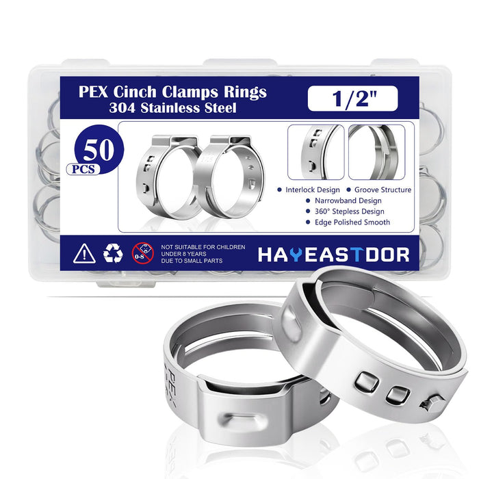 HayEastdor 50PCS 1/2" PEX Cinch Crimp Clamp Rings 304 Stainless Steel by Deal US