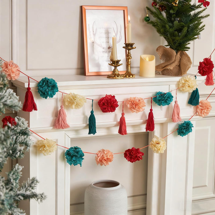 OBBOLO Tissue Paper Pompom Garland with Cotton Tassels 2 Pcs Red Green Pink by Deal US
