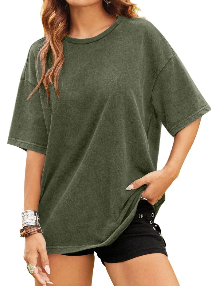 Remidoo Womens Oversized T Shirt Acid Wash Vintage Loose Fit Tee Army Green XL by Deal US