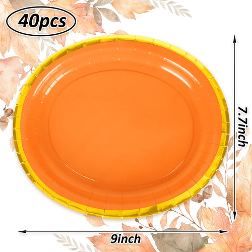 JarThenaAMCS 40Pcs Fall Oval Paper Plates Orange Gold Foil 9x7.7in by Deal US