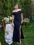LAGSHIAN Women's Bodycon Off Shoulder Ruched Split Hem Dress Navy Size S by Deal US