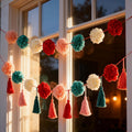 OBBOLO Tissue Paper Pompom Garland with Cotton Tassels 2 Pcs Red Green Pink by Deal US