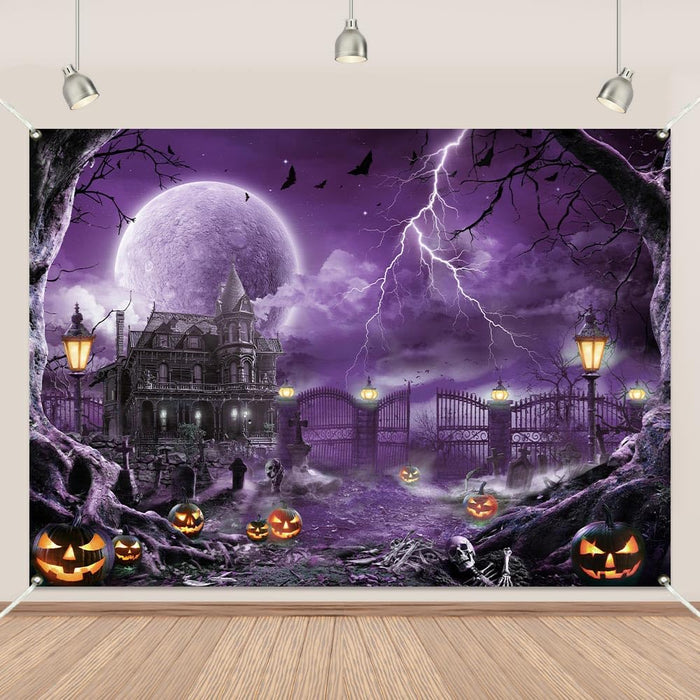 Halloween Backdrop Banner Scary Castle Cemetery Purple Full Moon 7x5Ft by Deal US
