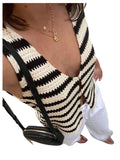 SOLY HUX Women's Striped V Neck Sweater Vest Sleeveless Cardigan Black Beige S by Deal US