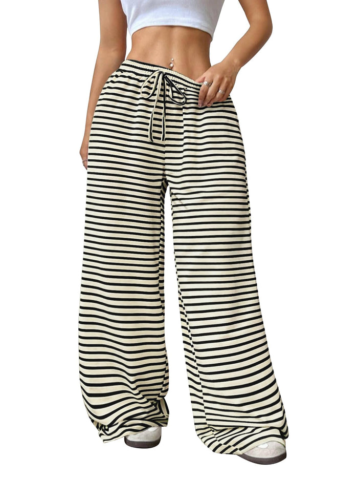 GUOLEZEEV Women Lounge Pants Elastic Waist Striped Y2K Sleepwear Black Apricot L by Deal US