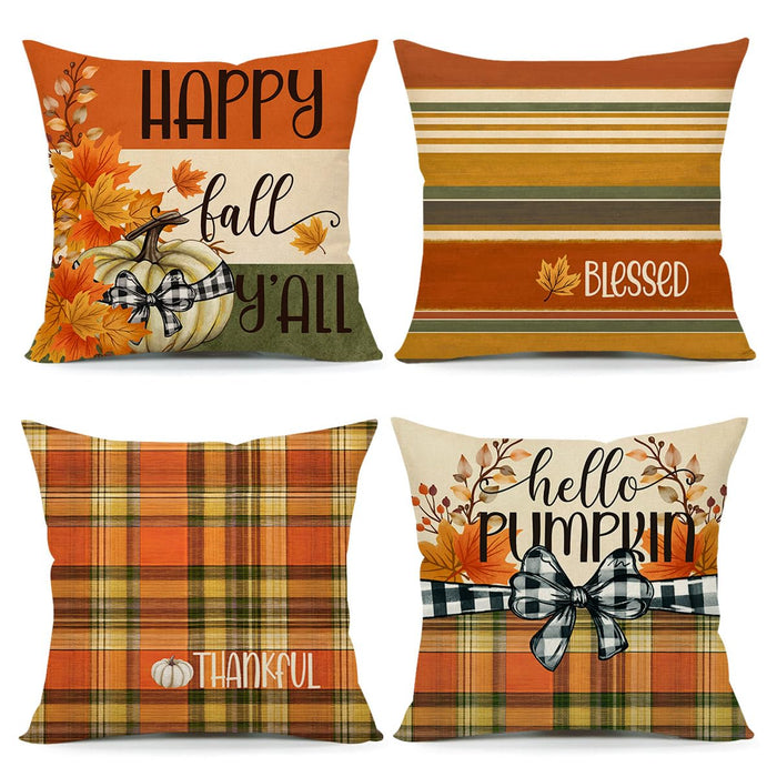 4TH Emotion Fall Pillow Covers 18x18 White Pumpkin Check Set of 4 by Deal US