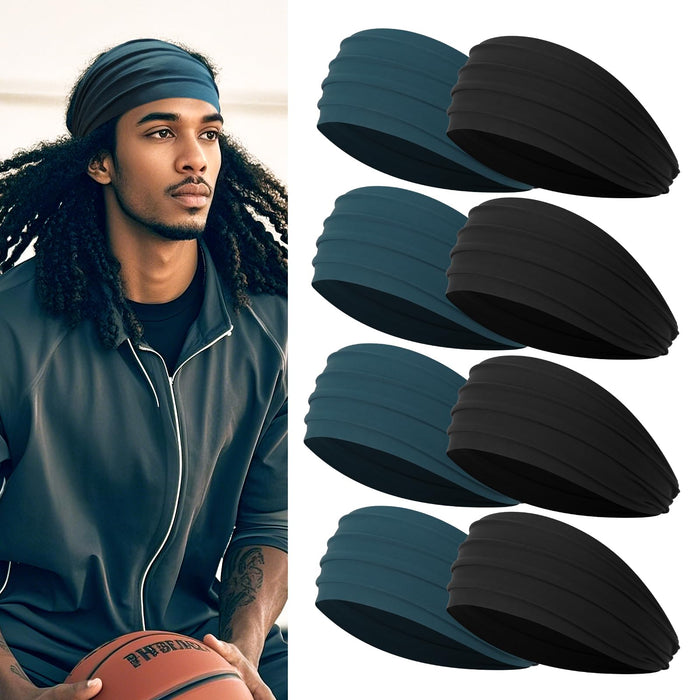 Sweat Hair Bands for Men, Non Slip Black Elastic Headbands for Long Hair, 8 Piec