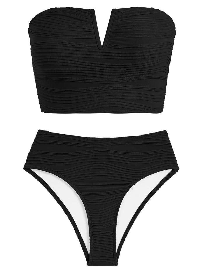 ZAFUL Women Strapless Bandeau Lace Up Bikini Set High Waisted Black Size S by Deal US