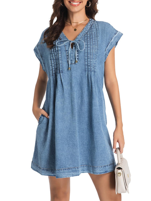 LIUSHIQI Womens Denim Romper V Neck Tie Front Pockets Blue Size S by Deal US