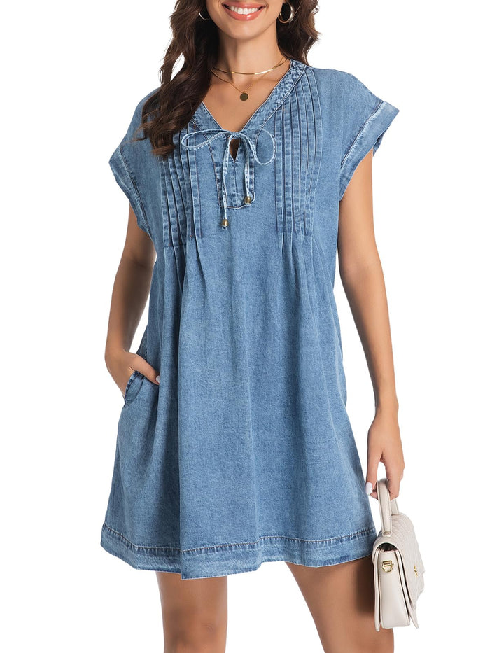 LIUSHIQI Womens Denim Romper V Neck Tie Front Pockets Blue Size S by Deal US