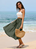 Poplab Women's Elastic High Waist Pleated A-Line Midi Skirt Army Green Size 2XL by Deal US