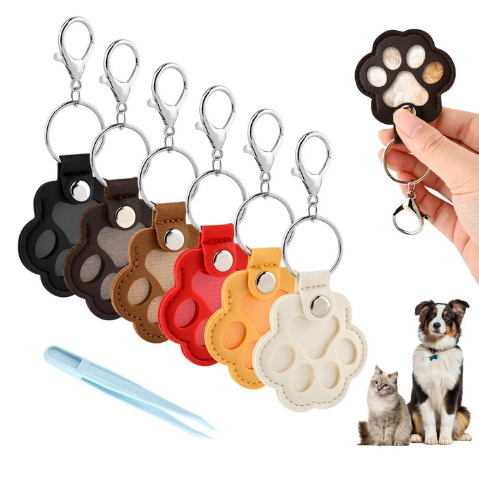 Rinelavie 6PCS Dog Hair Storage Keychain & Refillable Tweezers,Pet Paw Shaped Leather-Keychain,Pet-Hair-Keychain Fur Keepsake Keychains,for Collecting Cat and Dog-Hair-pet Memorial Gifts