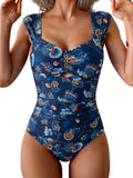 Eomenie Womens One Piece Tummy Control Push Up Wide Strap Navy Blue Print Size M by Deal US