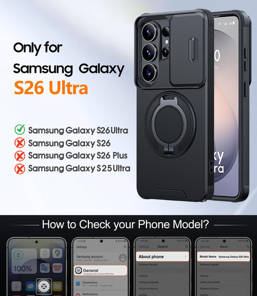 Magnetic Case for Samsung Galaxy S26 Ultra with Ring Stand Slide Camera Cover Screen Protector Black by Merch Section