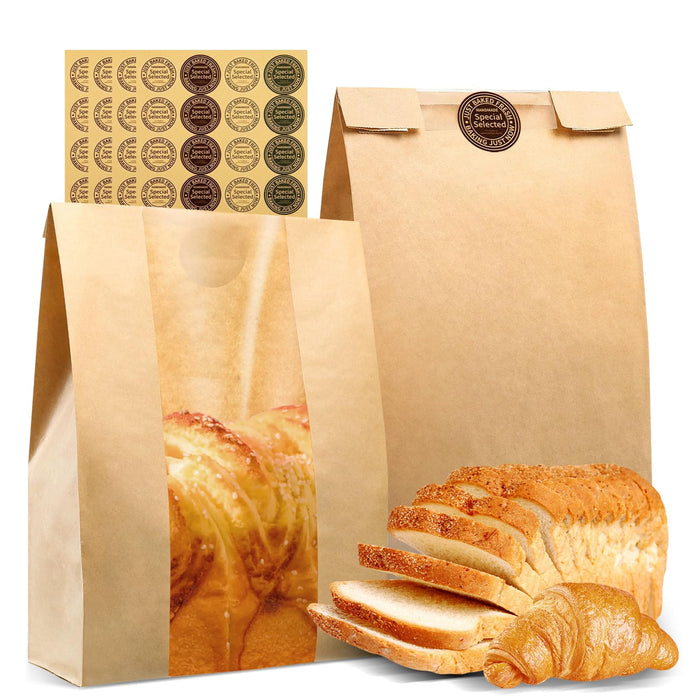 50 Pcs Kraft Paper Bread Bags with Window 13.7x8.3x3.7in + Seal Stickers by Deal US